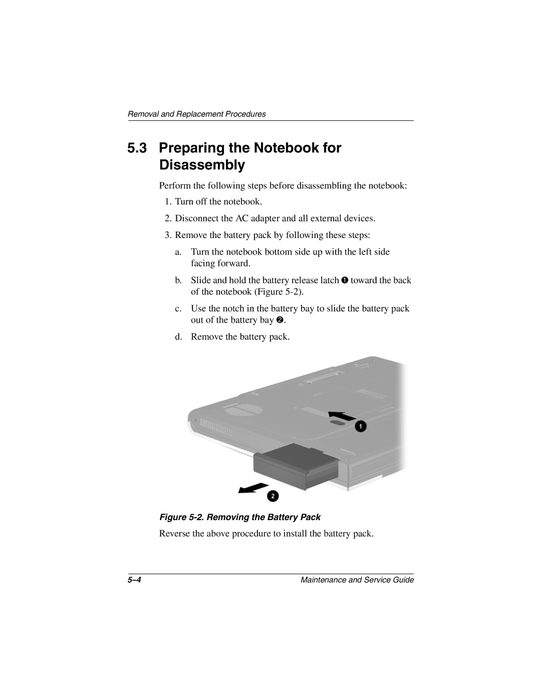 Compaq N800C manual Preparing the Notebook for Disassembly, Removing the Battery Pack 