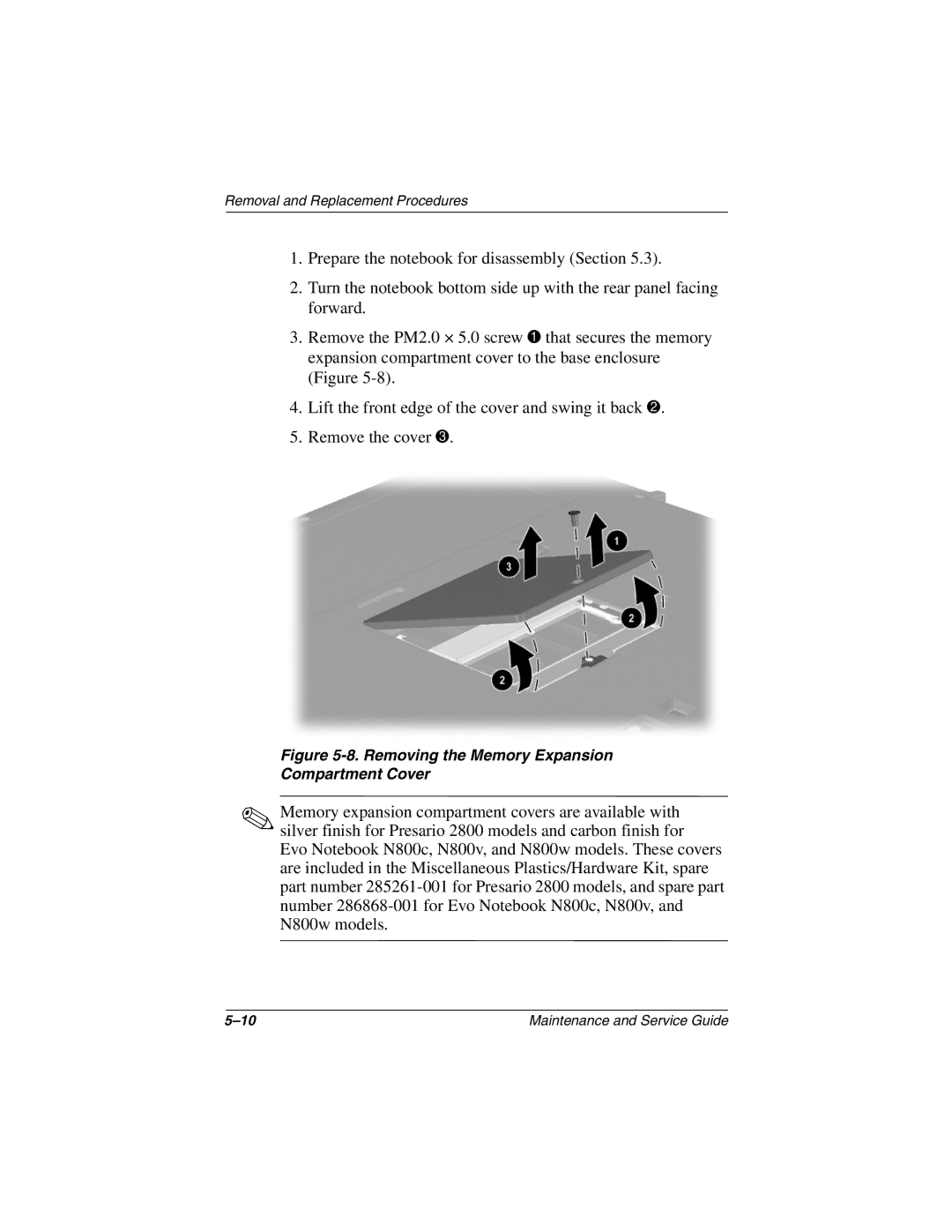 Compaq N800C manual Removing the Memory Expansion Compartment Cover 