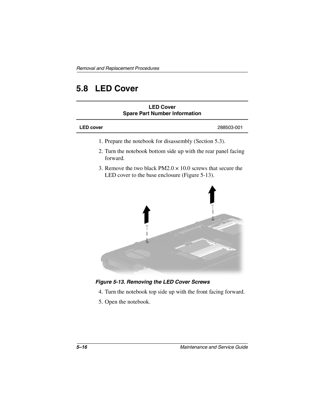 Compaq N800C manual LED Cover Spare Part Number Information, LED cover 288503-001 