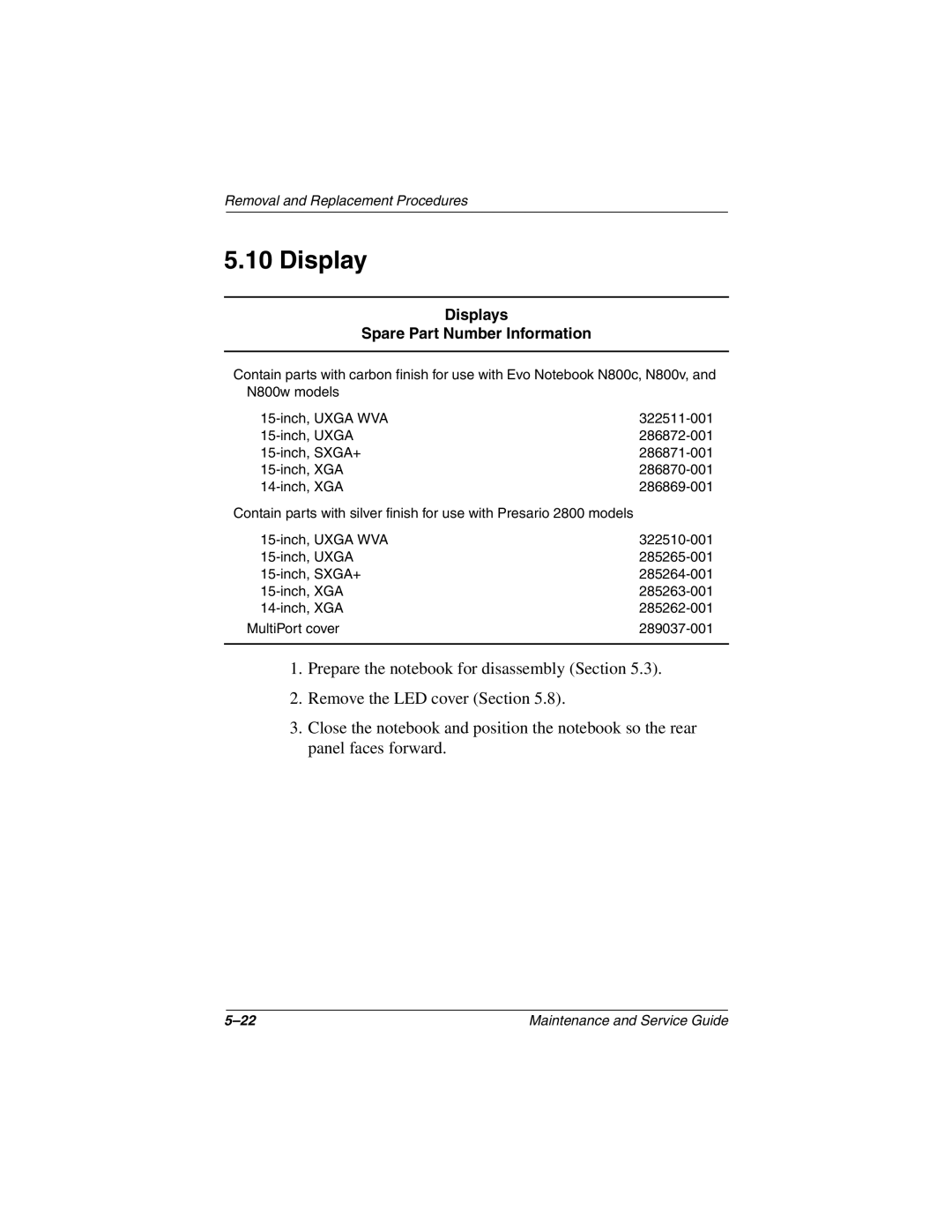 Compaq N800C manual Displays Spare Part Number Information 