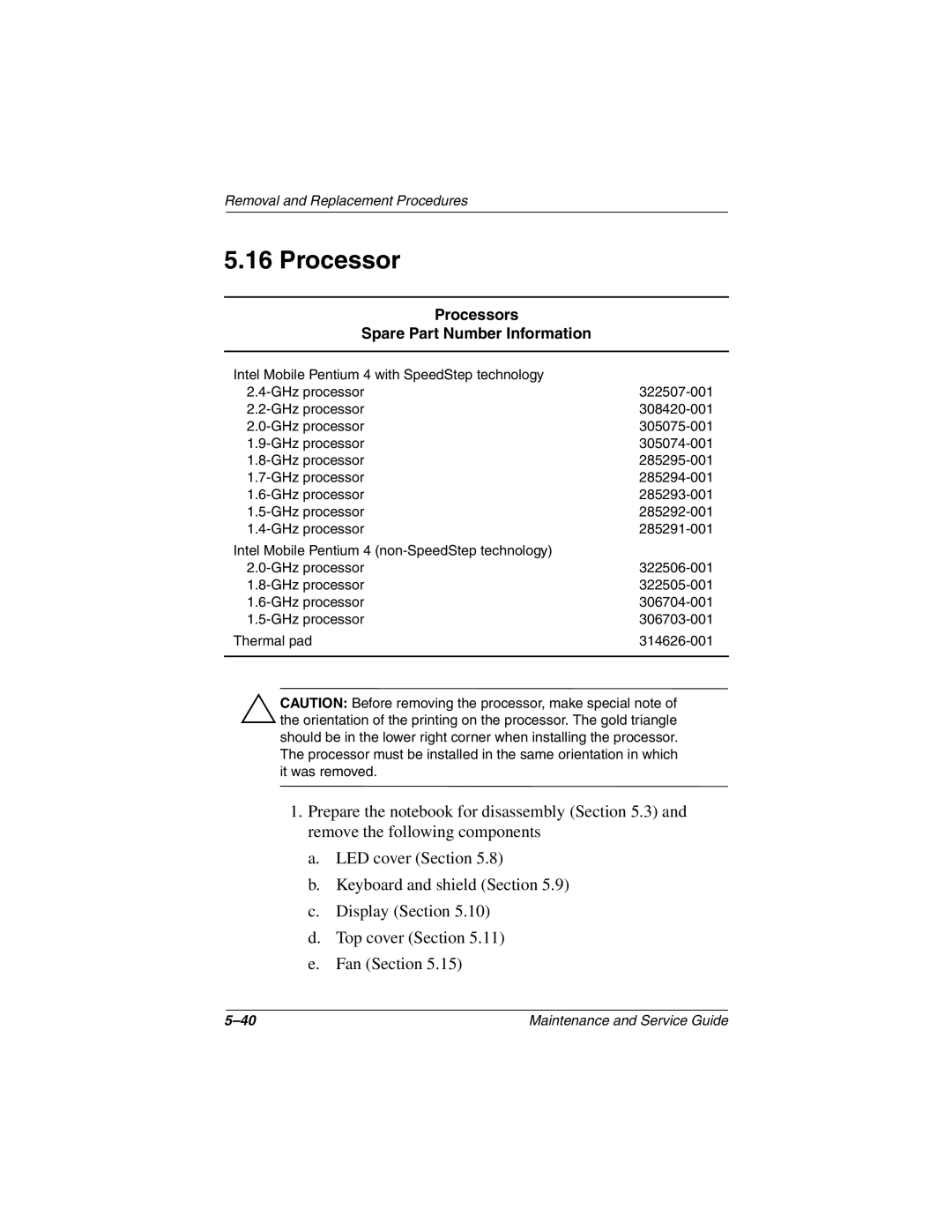 Compaq N800C manual Processors Spare Part Number Information 