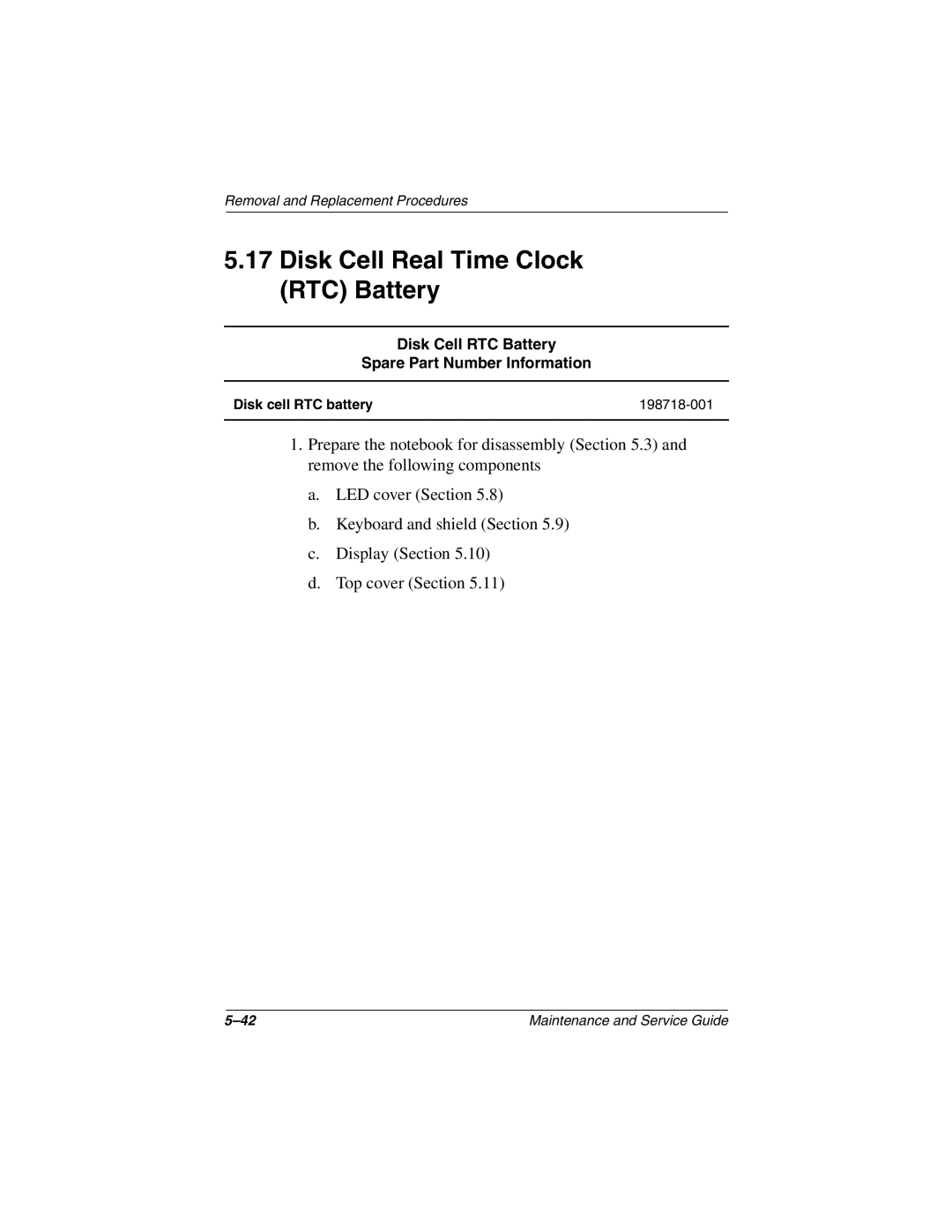 Compaq N800C manual Disk Cell Real Time Clock RTC Battery, Disk Cell RTC Battery Spare Part Number Information 