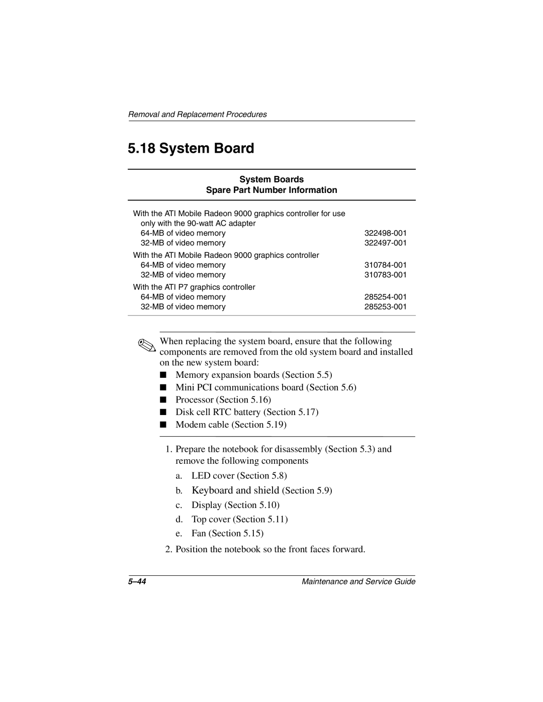 Compaq N800C manual System Boards Spare Part Number Information 