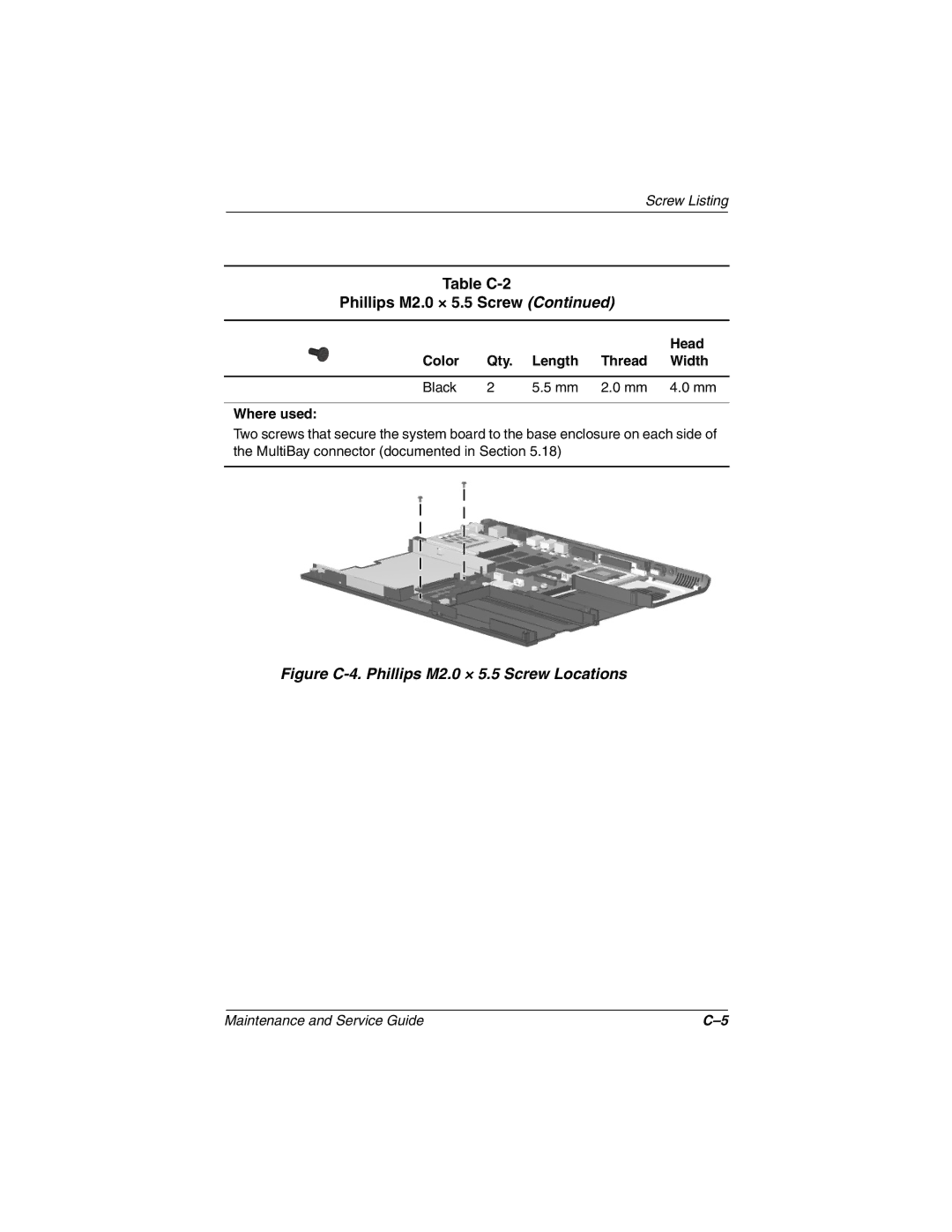 Compaq N800C manual Figure C-4. Phillips M2.0 × 5.5 Screw Locations, Head Color Qty. Length Thread Width 