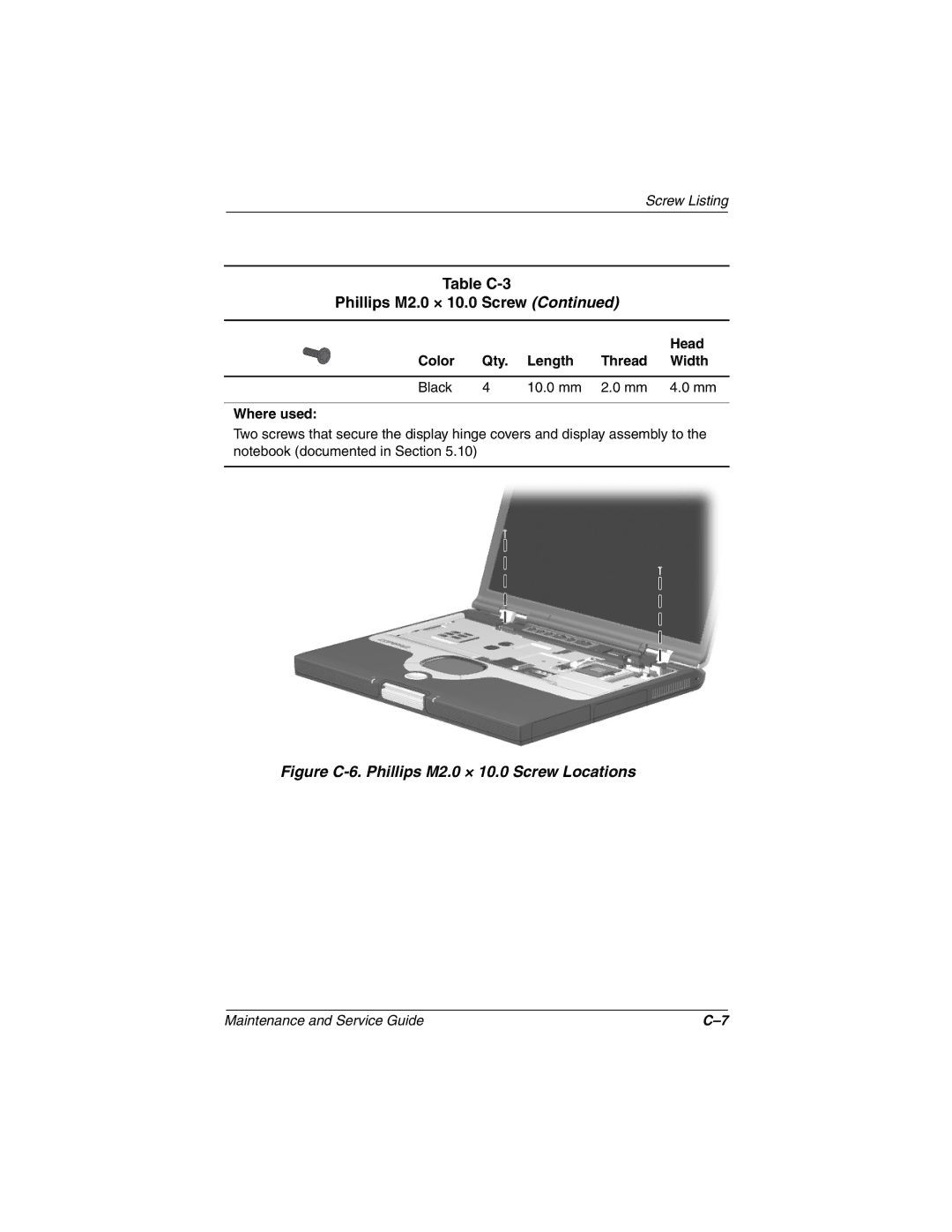 Compaq N800C manual Figure C-6. Phillips M2.0 × 10.0 Screw Locations 