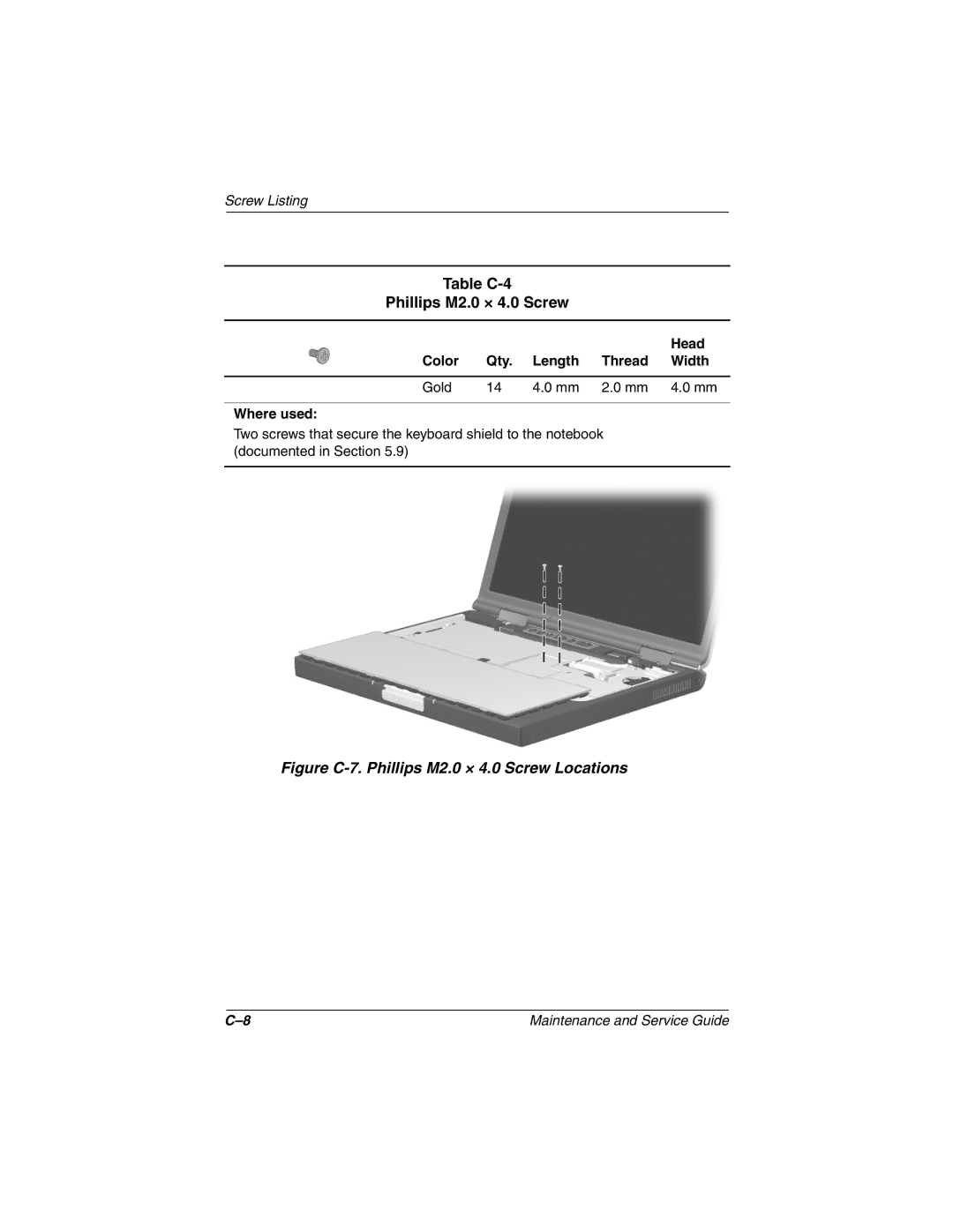 Compaq N800C manual Table C-4 Phillips M2.0 × 4.0 Screw, Color Qty Length Thread Width Gold Where used 