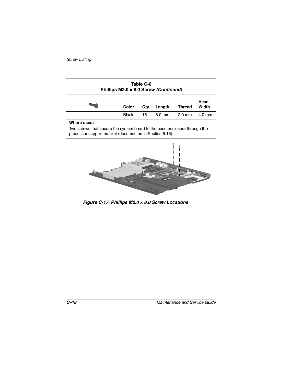 Compaq N800C manual Figure C-17. Phillips M2.0 × 8.0 Screw Locations 