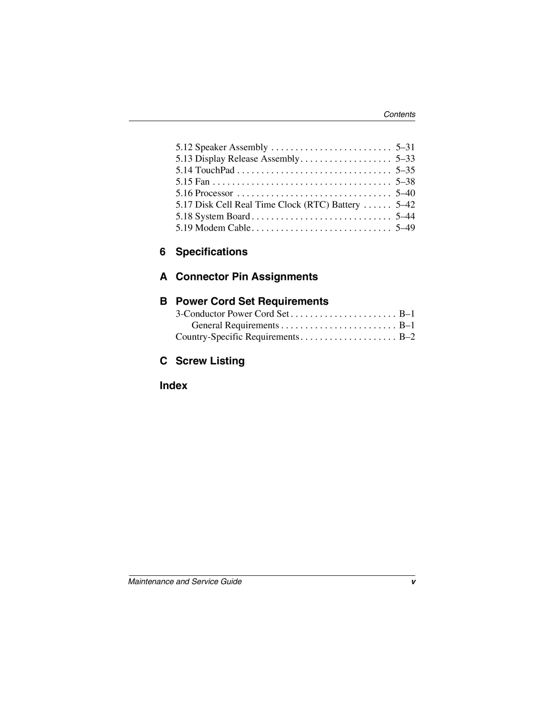 Compaq N800C manual Screw Listing Index 