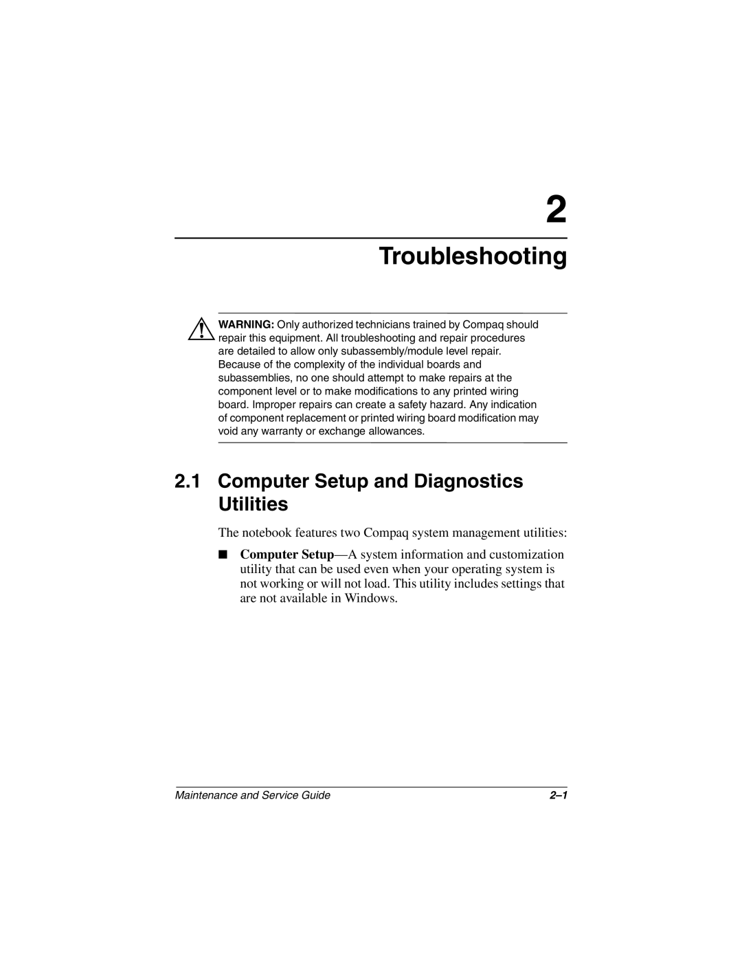 Compaq N800C manual Troubleshooting, Computer Setup and Diagnostics Utilities 