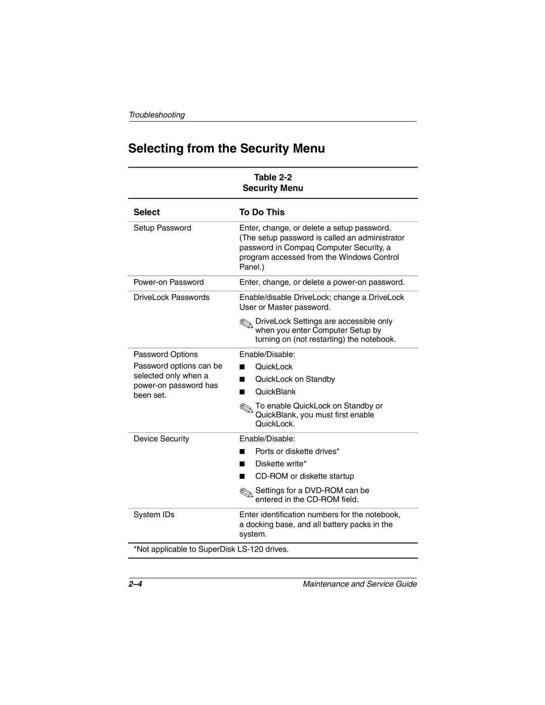 Compaq N800C manual Selecting from the Security Menu 