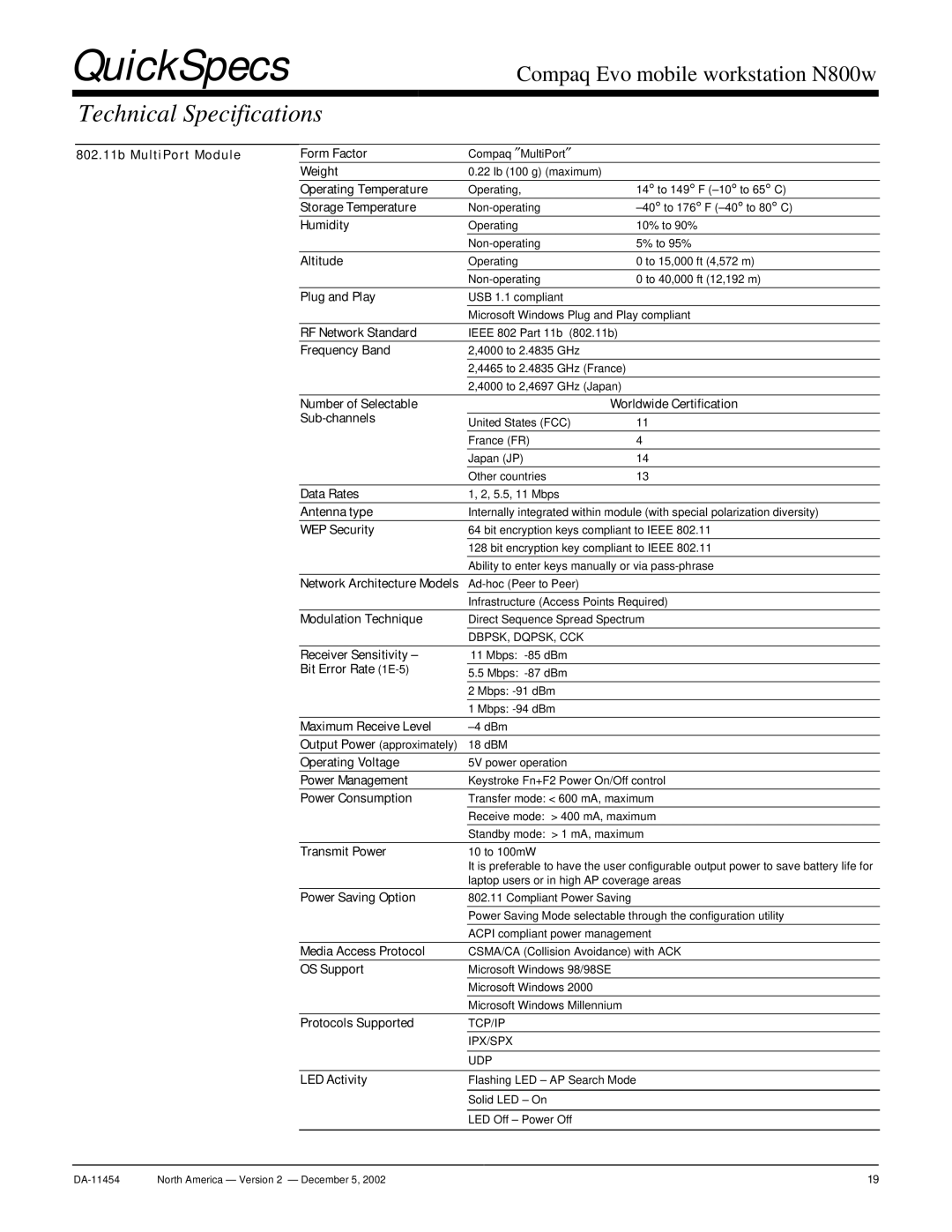 Compaq N800W 802.11b MultiPort Module Form Factor, Storage Temperature, Humidity, Altitude, Plug and Play, Frequency Band 