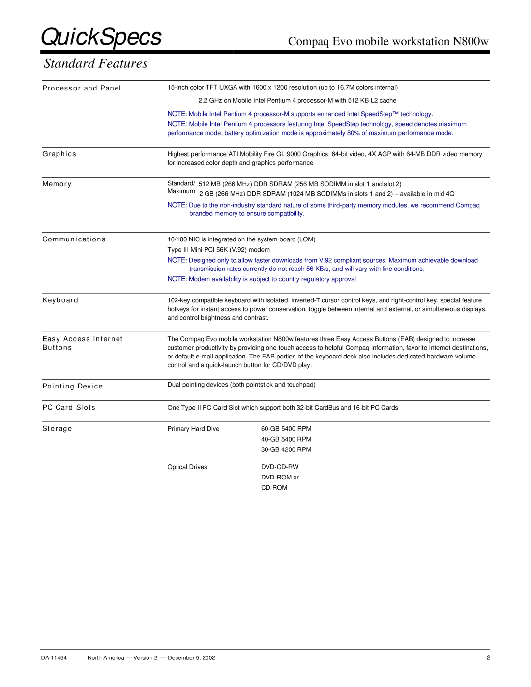 Compaq N800W warranty Standard Features 