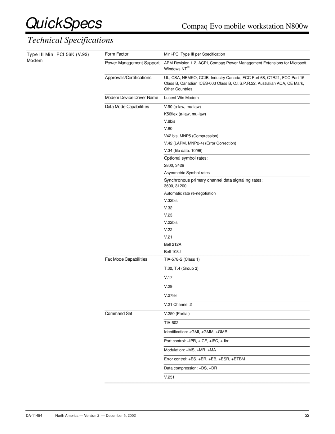 Compaq N800W Type III Mini PCI 56K Form Factor, Modem Power Management Support, Approvals/Certifications, Command Set 
