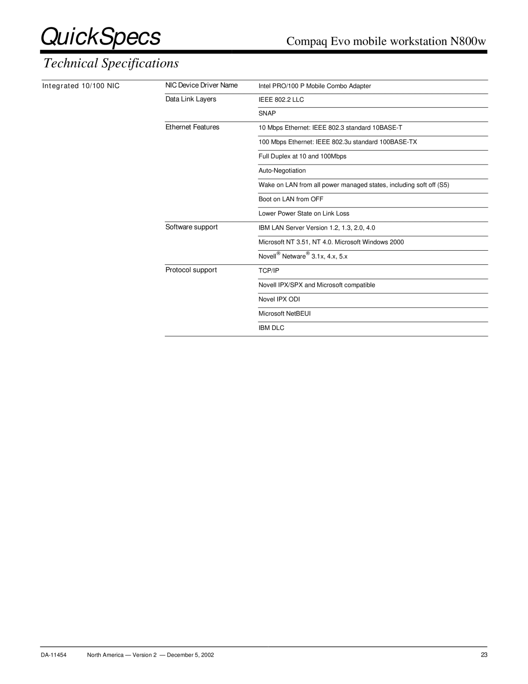 Compaq N800W warranty Integrated 10/100 NIC NIC Device Driver Name, Data Link Layers, Ethernet Features, Software support 