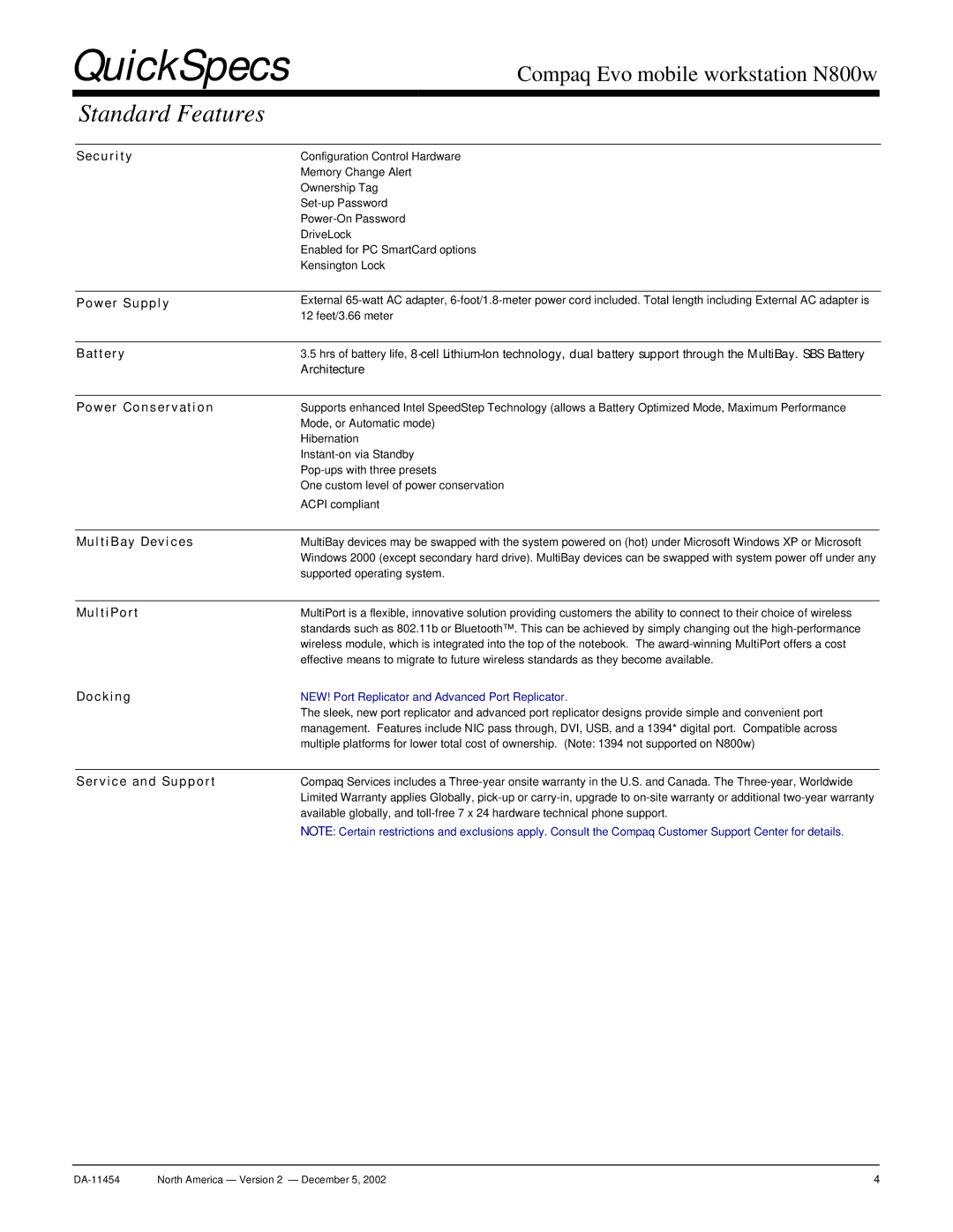 Compaq N800W warranty Security, Power Supply, Battery, Power Conservation, MultiBay Devices, MultiPort, Docking 