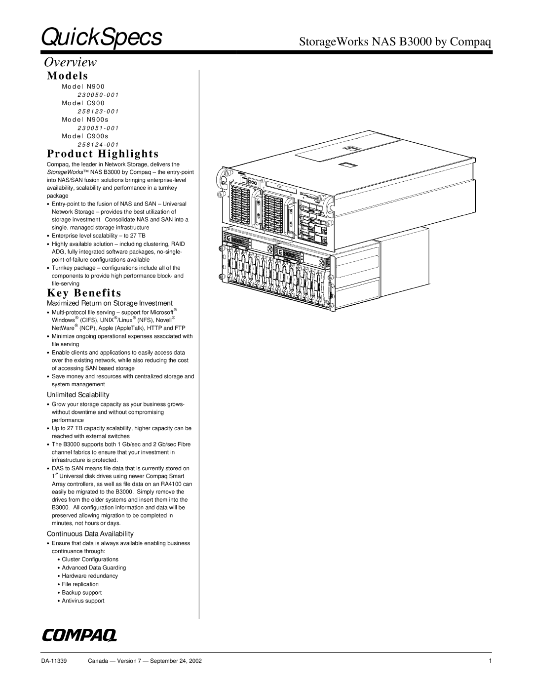 Compaq NAS B3000 manual Overview, Maximized Return on Storage Investment, Unlimited Scalability 