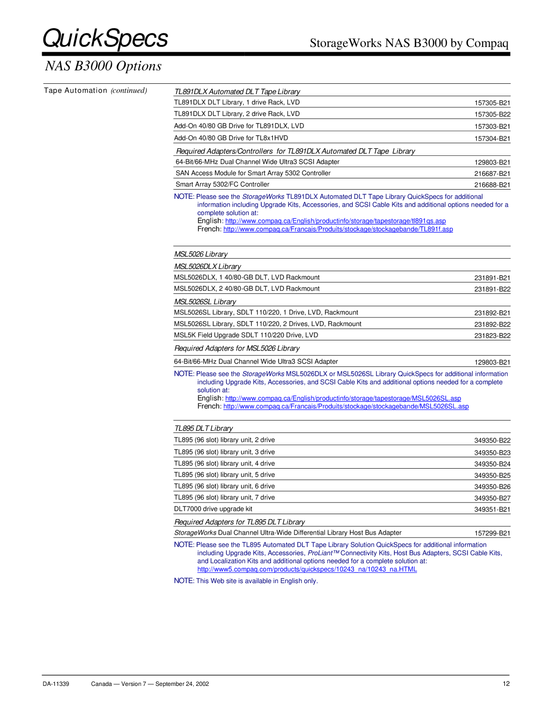 Compaq NAS B3000 manual Tape Automation TL891DLX Automated DLT Tape Library, MSL5026 Library MSL5026DLX Library 