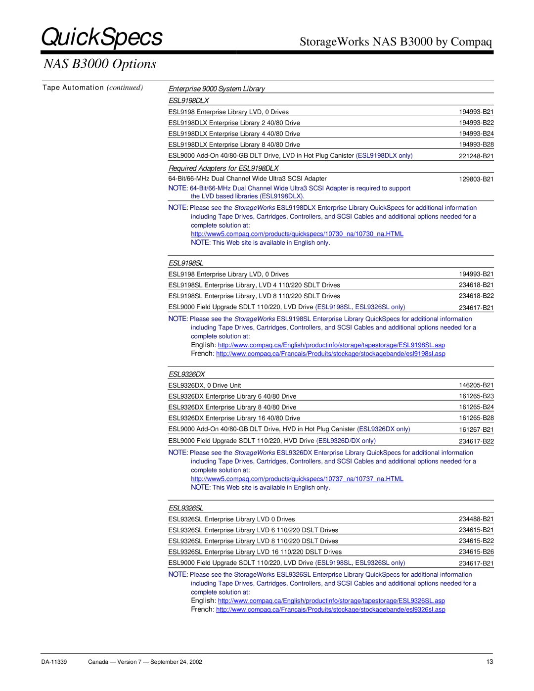 Compaq NAS B3000 manual Enterprise 9000 System Library, Required Adapters for ESL9198DLX 