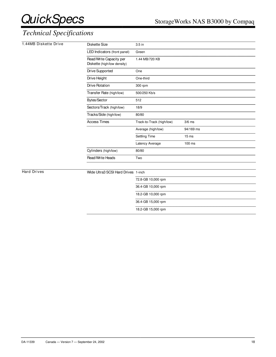 Compaq NAS B3000 manual Read/Write Capacity per, Drive Supported, Drive Height, Drive Rotation, Transfer Rate high/low 