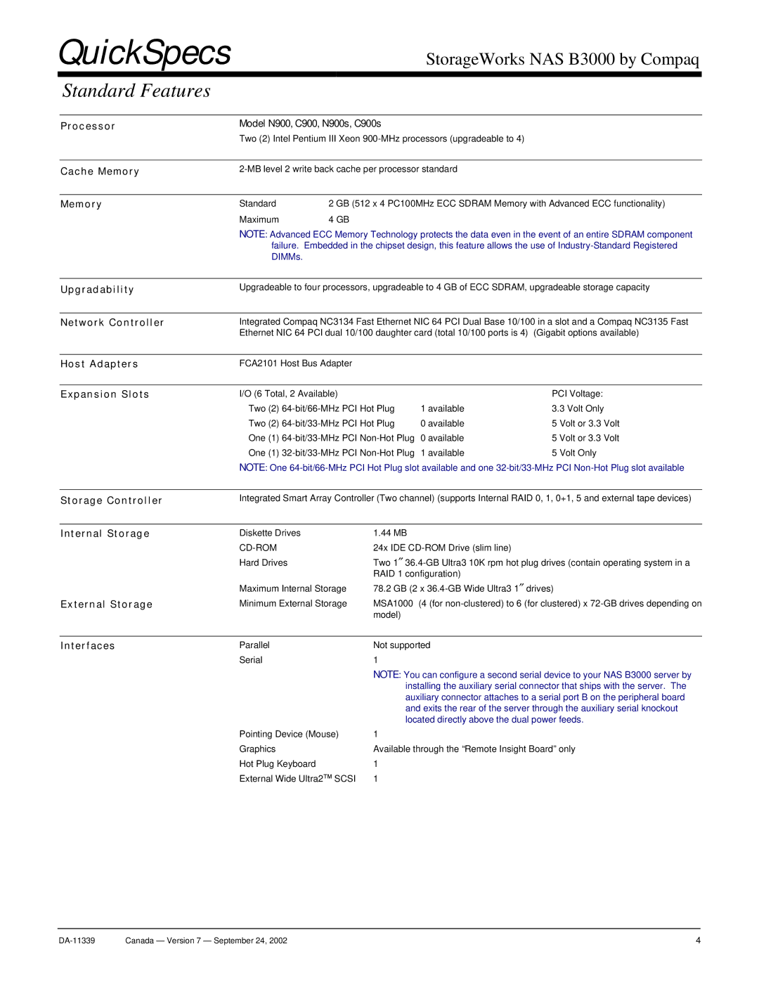 Compaq NAS B3000 manual Standard Features 