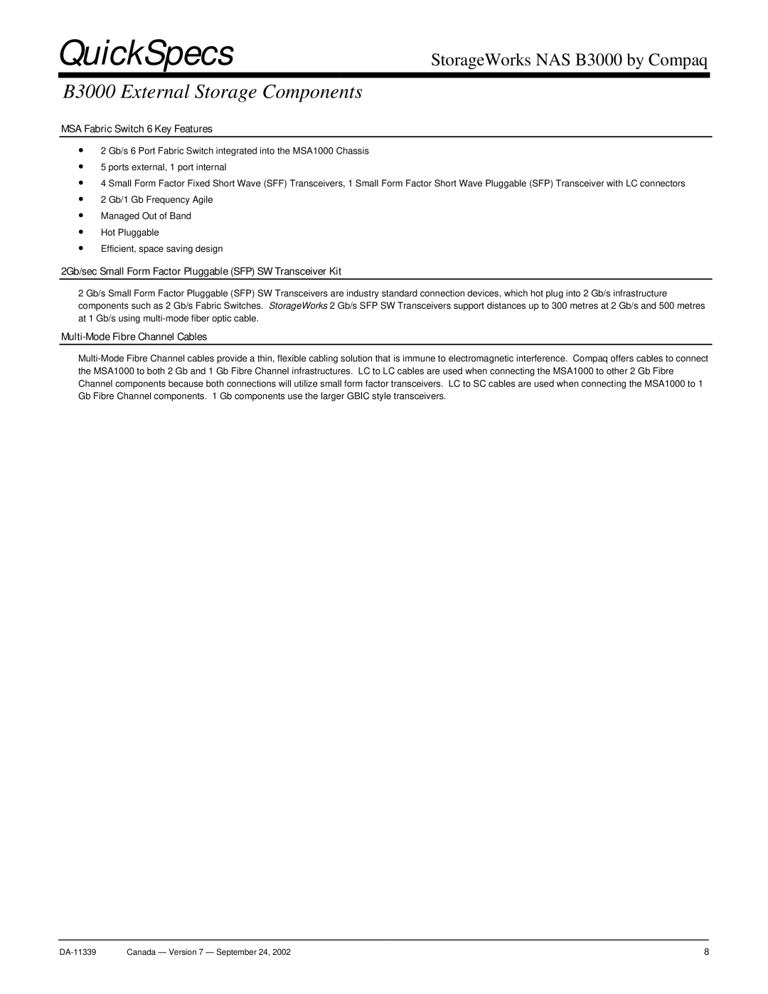 Compaq NAS B3000 manual MSA Fabric Switch 6 Key Features, 2Gb/sec Small Form Factor Pluggable SFP SW Transceiver Kit 