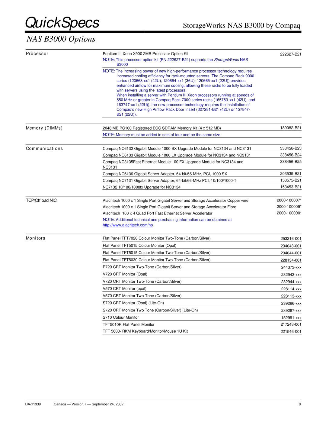 Compaq manual NAS B3000 Options, TCP/Offload NIC, Monitors 