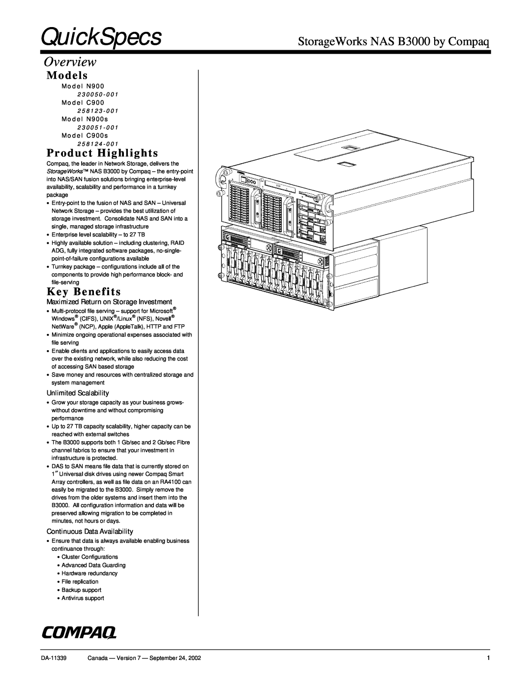 Compaq manual QuickSpecs, Overview, StorageWorks NAS B3000 by Compaq, Models, Product Highlights, Key Benefits 