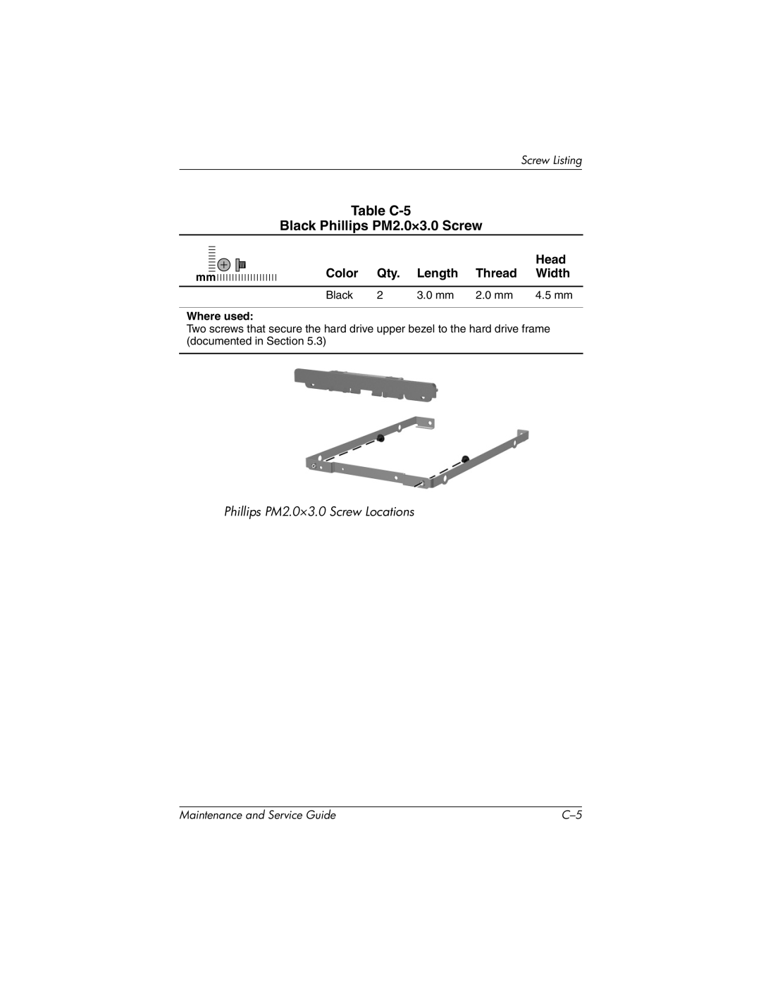 Compaq NC4000 manual Black Phillips PM2.0×3.0 Screw, Table C-5 