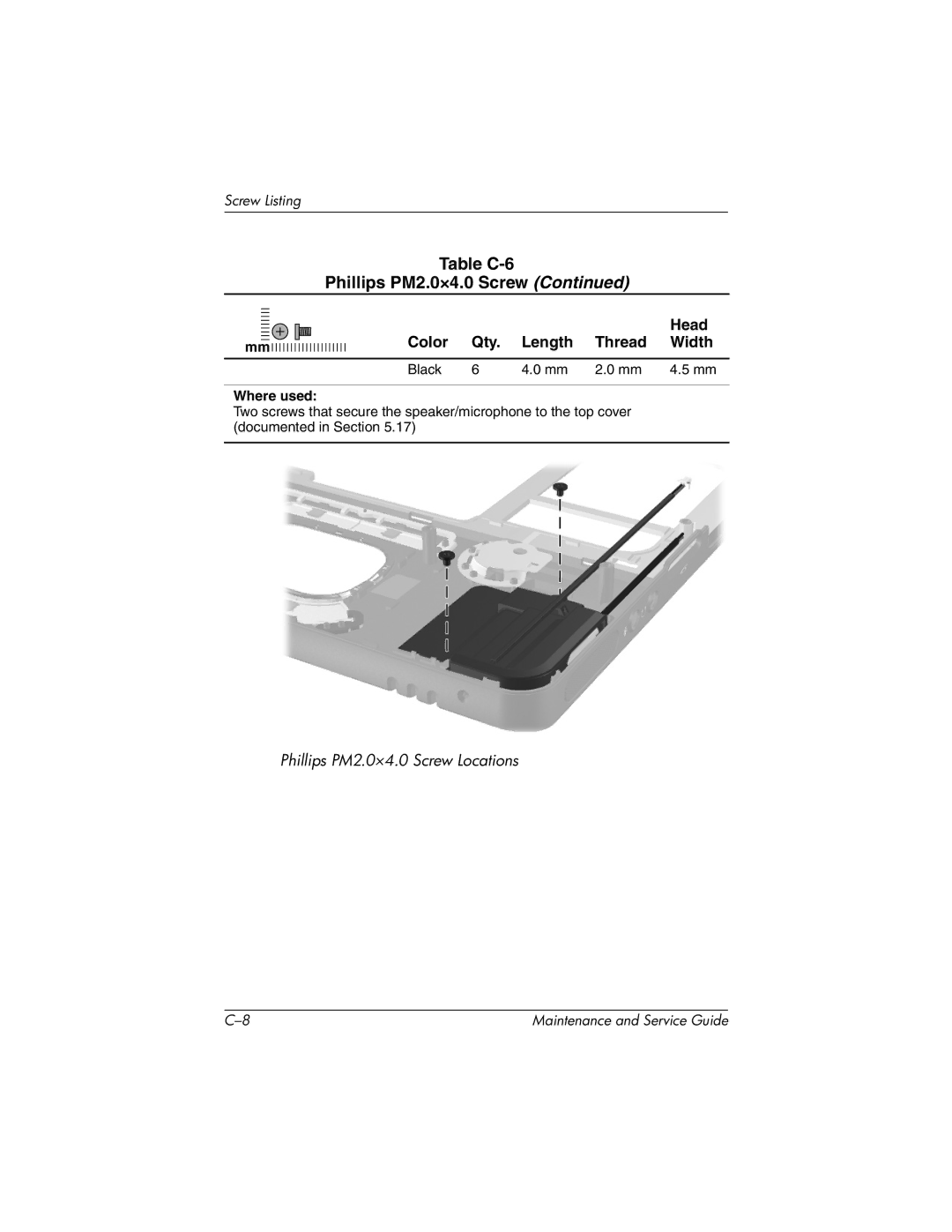 Compaq NC4000 manual Table C-6 Phillips PM2.0×4.0 Screw 