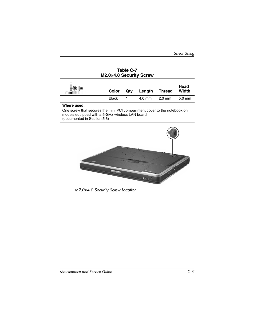 Compaq NC4000 manual M2.0×4.0 Security Screw, Table C-7 