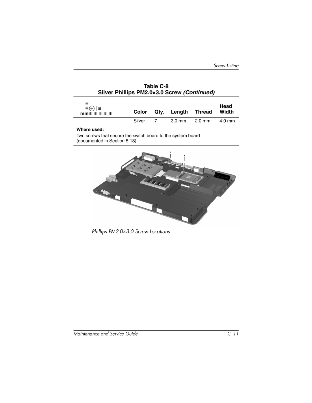 Compaq NC4000 manual Table C-8 Silver Phillips PM2.0×3.0 Screw 