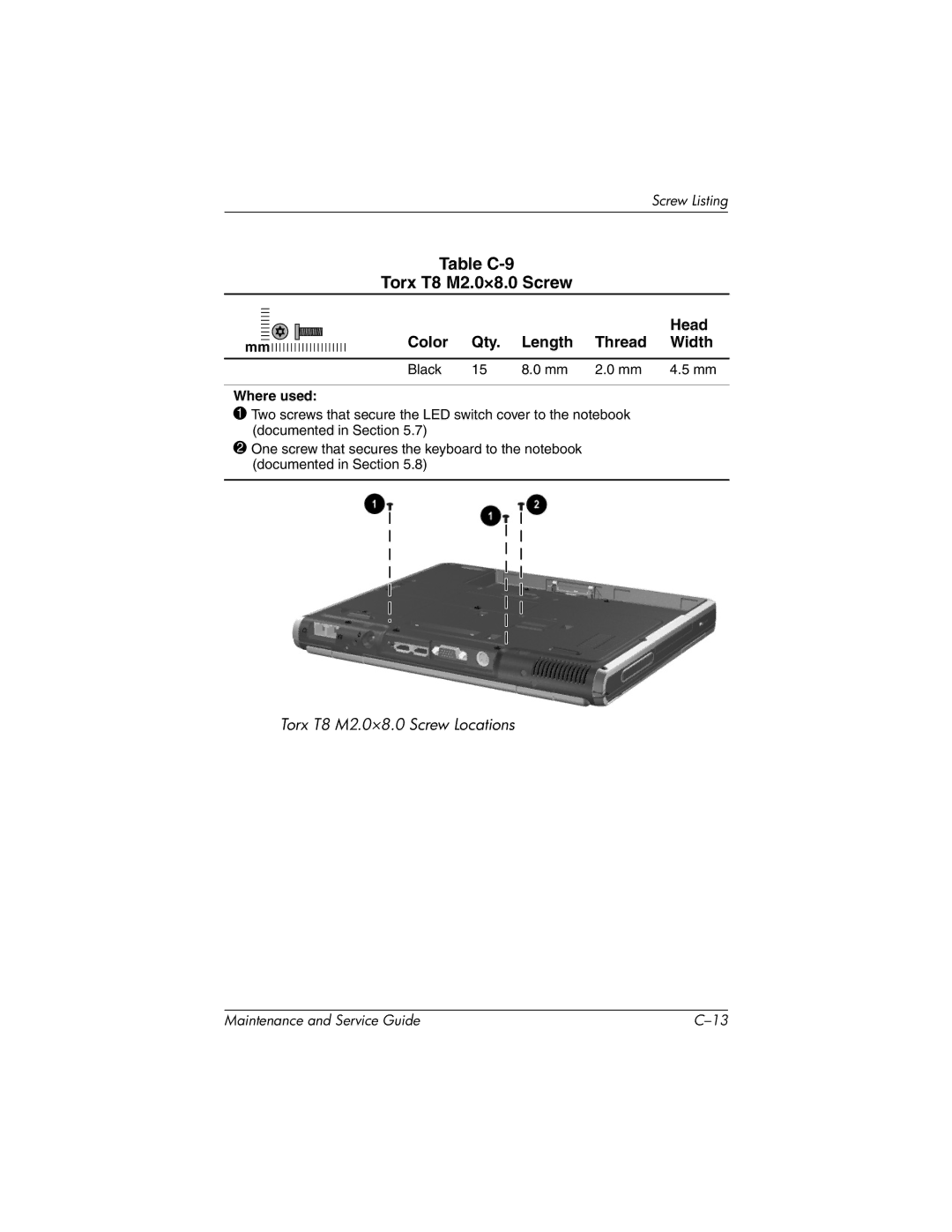 Compaq NC4000 manual Torx T8 M2.0×8.0 Screw, Table C-9 