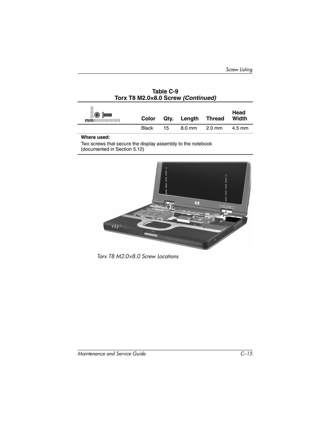 Compaq NC4000 manual Table C-9 Torx T8 M2.0×8.0 Screw 