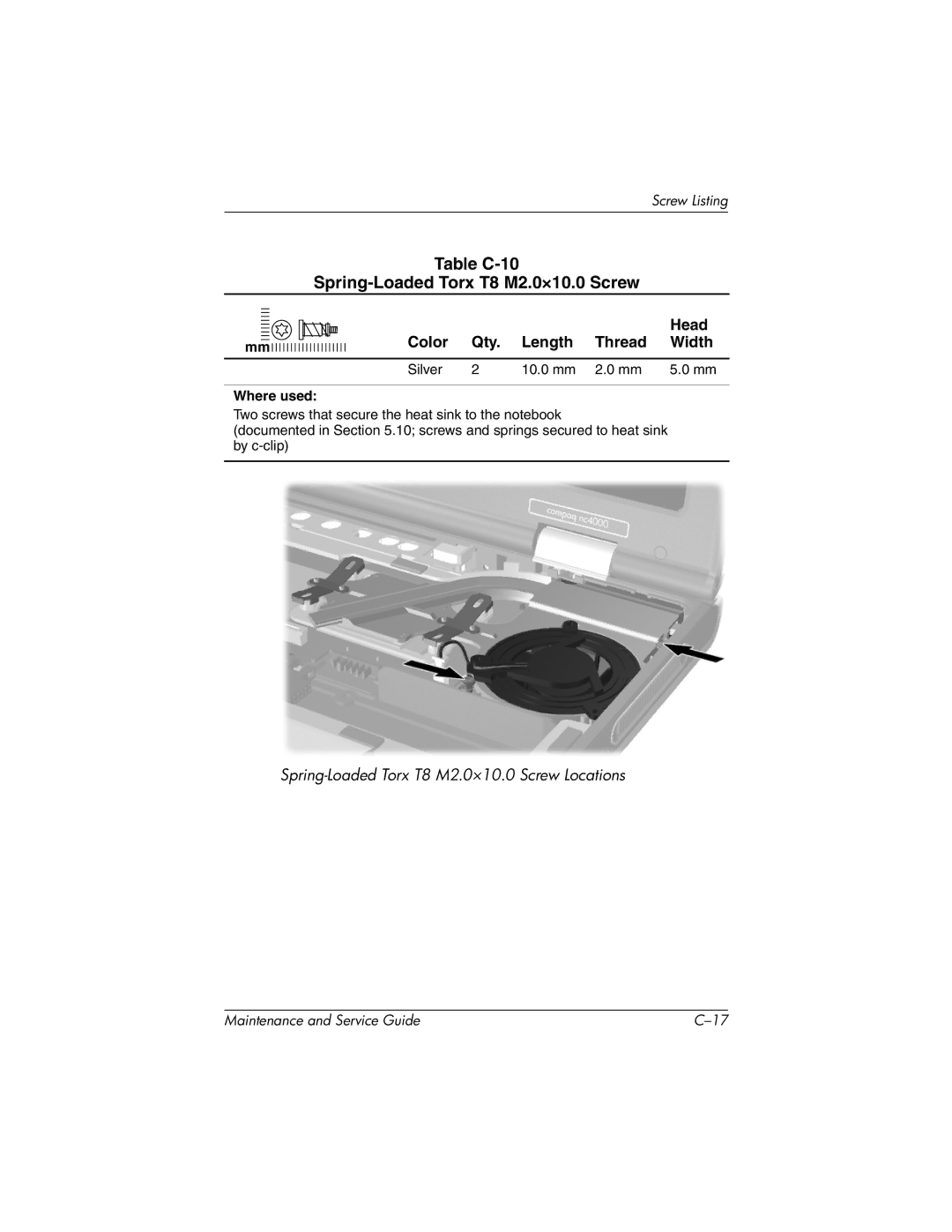 Compaq NC4000 manual Spring-Loaded Torx T8 M2.0×10.0 Screw, Table C-10 