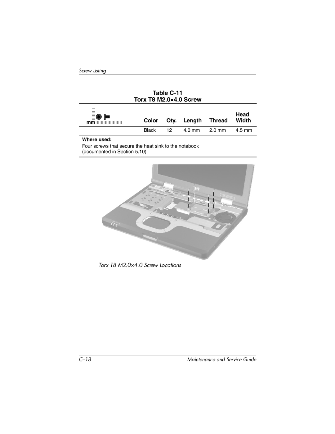 Compaq NC4000 manual Table C-11 Torx T8 M2.0×4.0 Screw 