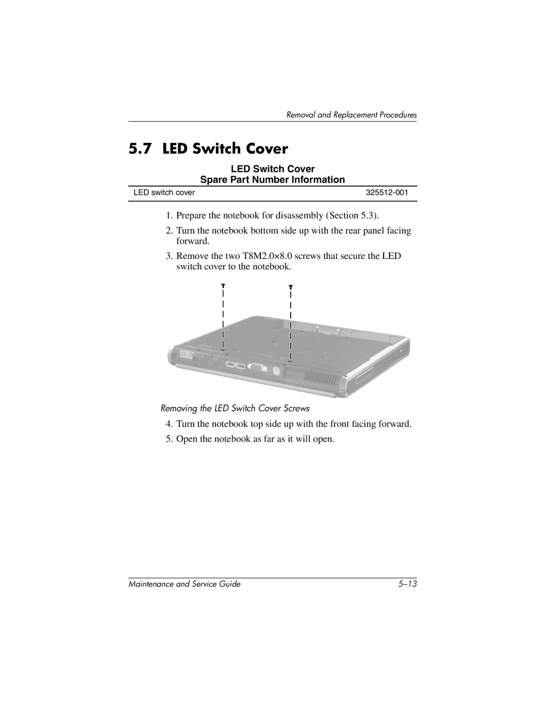 Compaq NC4000 manual LED Switch Cover Spare Part Number Information 