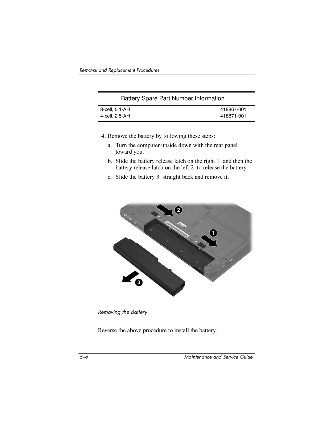 Compaq NC6400 manual Battery Spare Part Number Information 