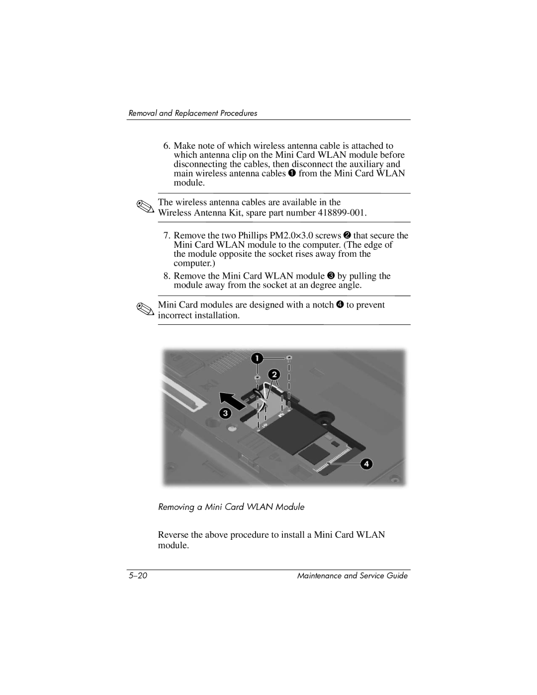 Compaq NC6400 manual Removing a Mini Card Wlan Module 