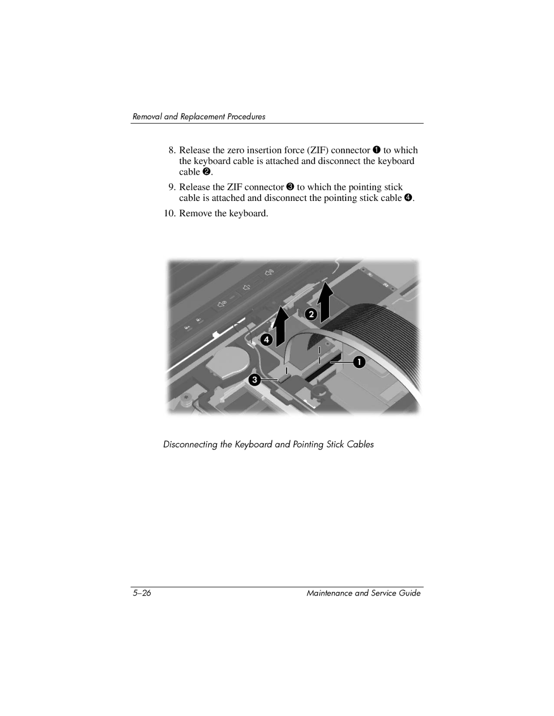 Compaq NC6400 manual Disconnecting the Keyboard and Pointing Stick Cables 