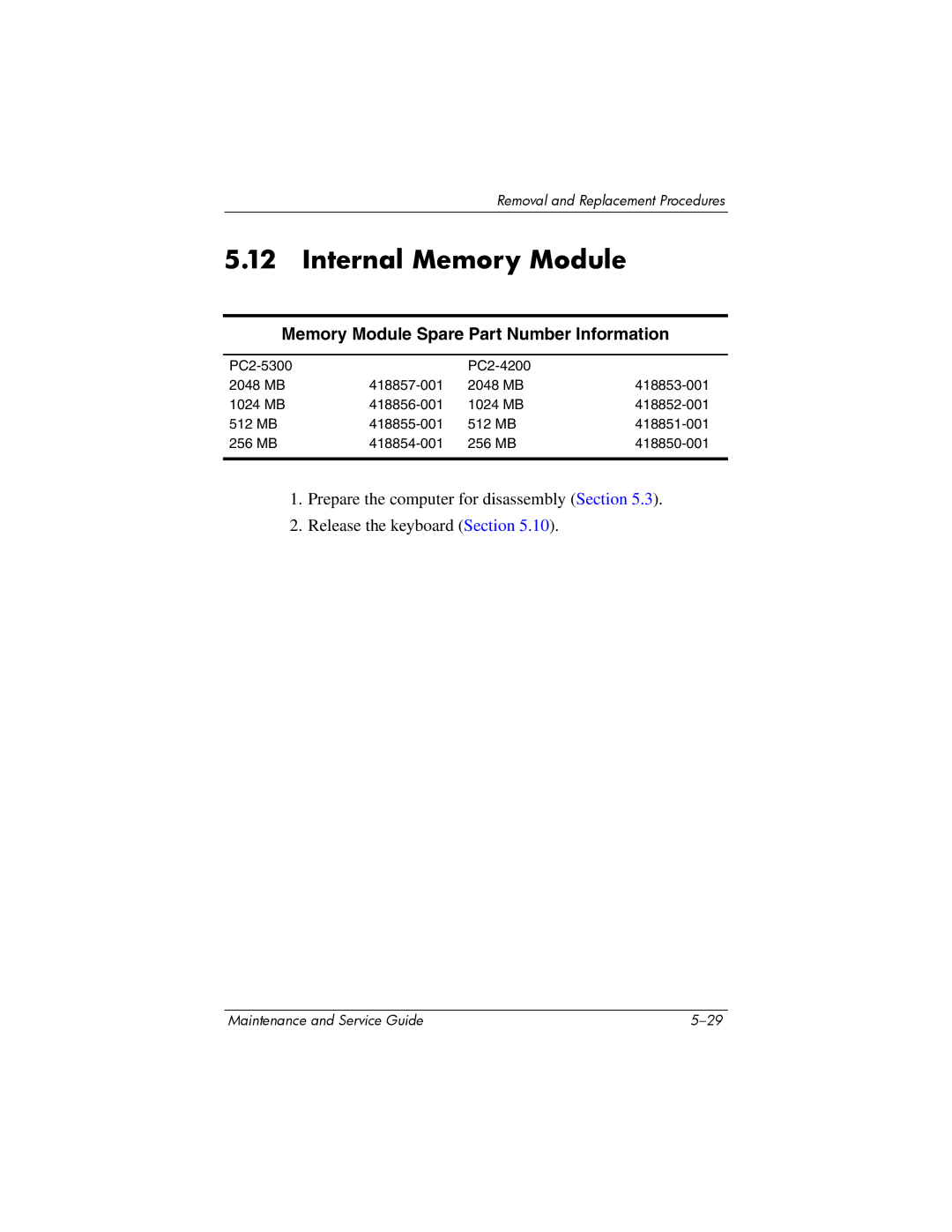 Compaq NC6400 manual Internal Memory Module, Memory Module Spare Part Number Information 