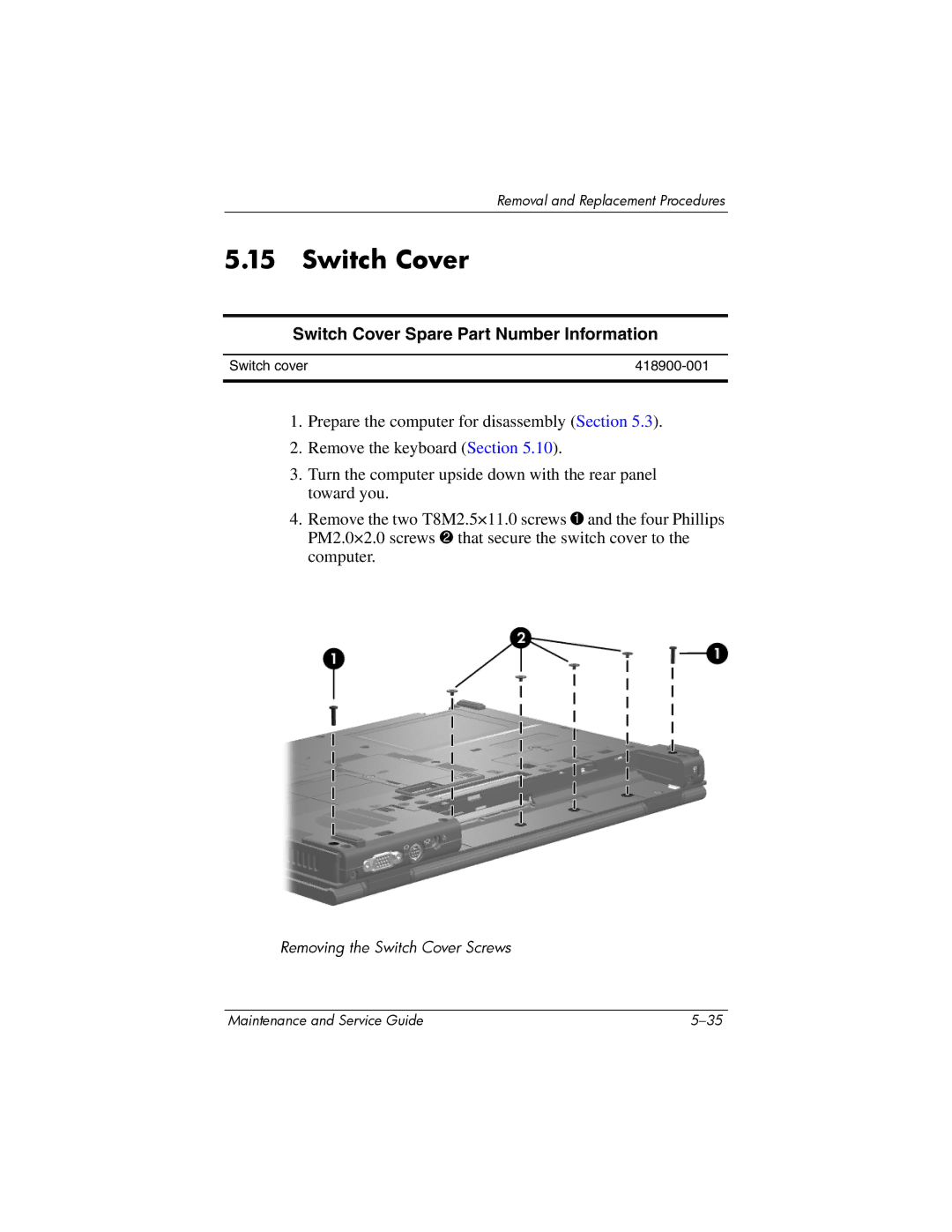 Compaq NC6400 manual Switch Cover Spare Part Number Information 