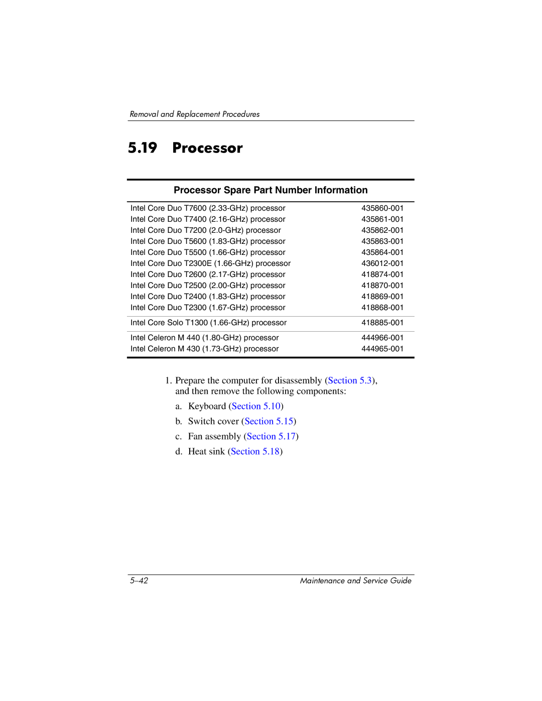 Compaq NC6400 manual Processor Spare Part Number Information 