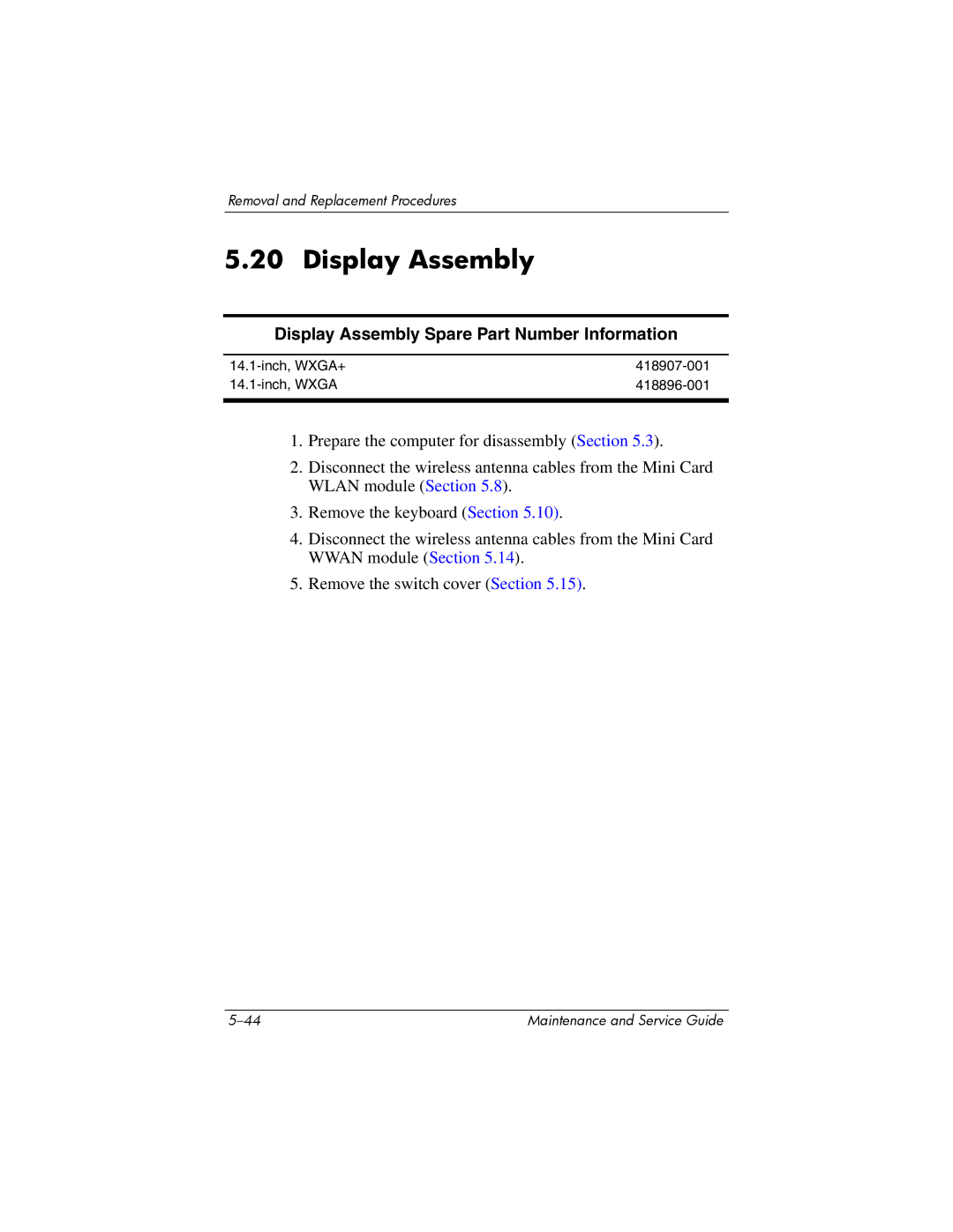 Compaq NC6400 manual Display Assembly Spare Part Number Information 