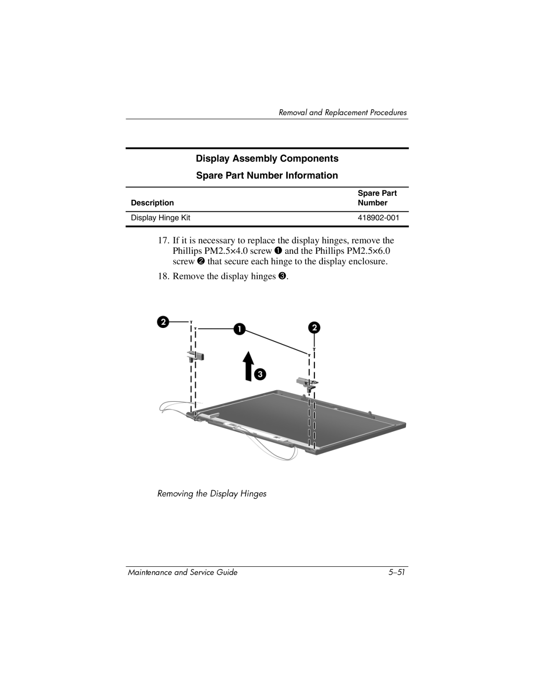 Compaq NC6400 manual Description Number Display Hinge Kit 418902-001 