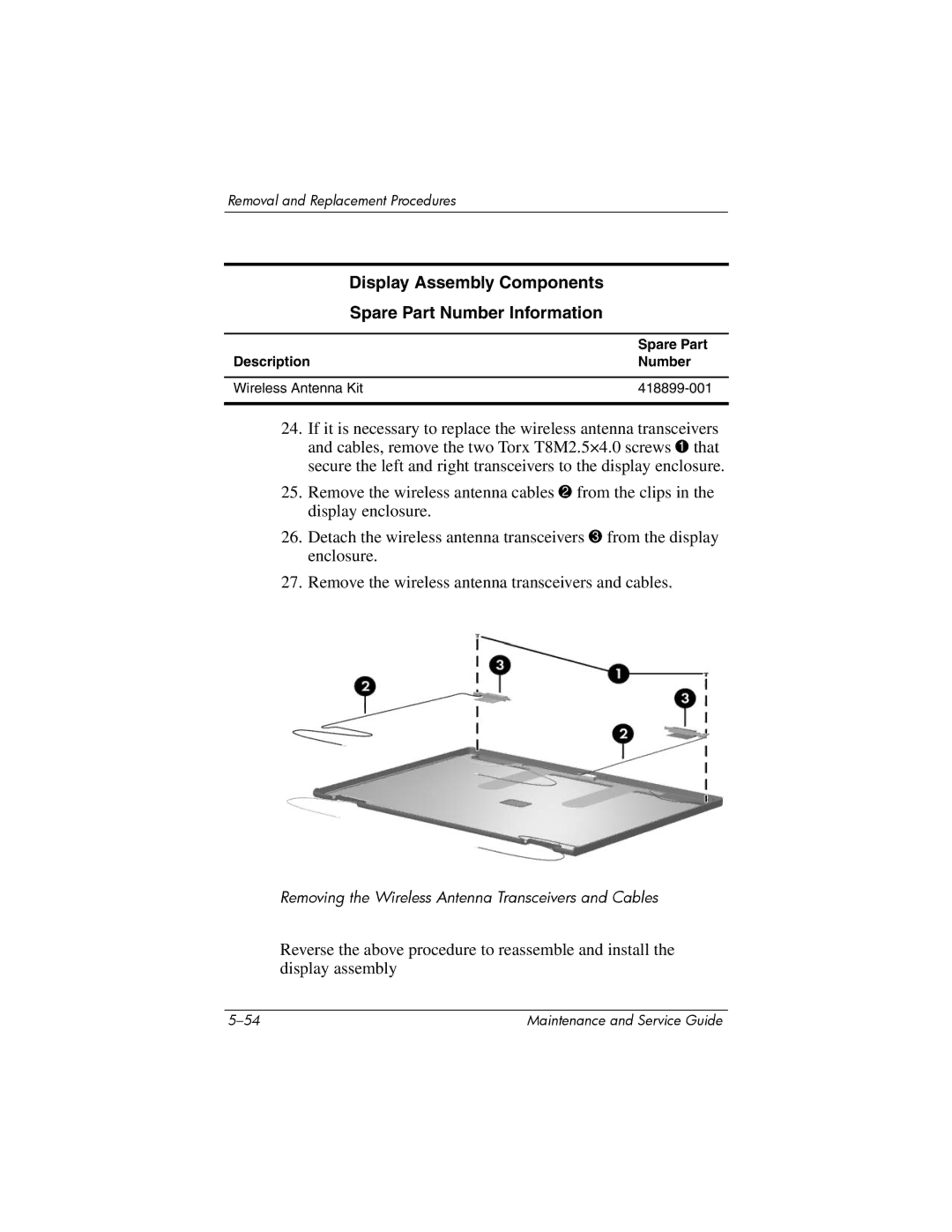 Compaq NC6400 manual Description Number Wireless Antenna Kit 418899-001 