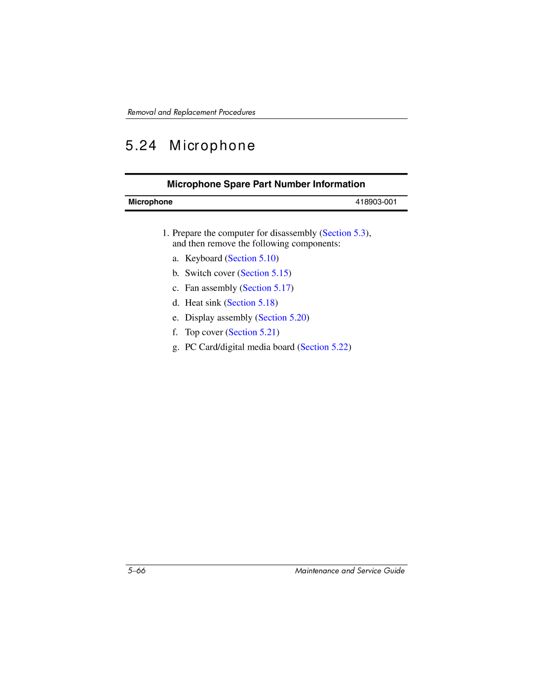 Compaq NC6400 manual Microphone Spare Part Number Information, Microphone 418903-001 