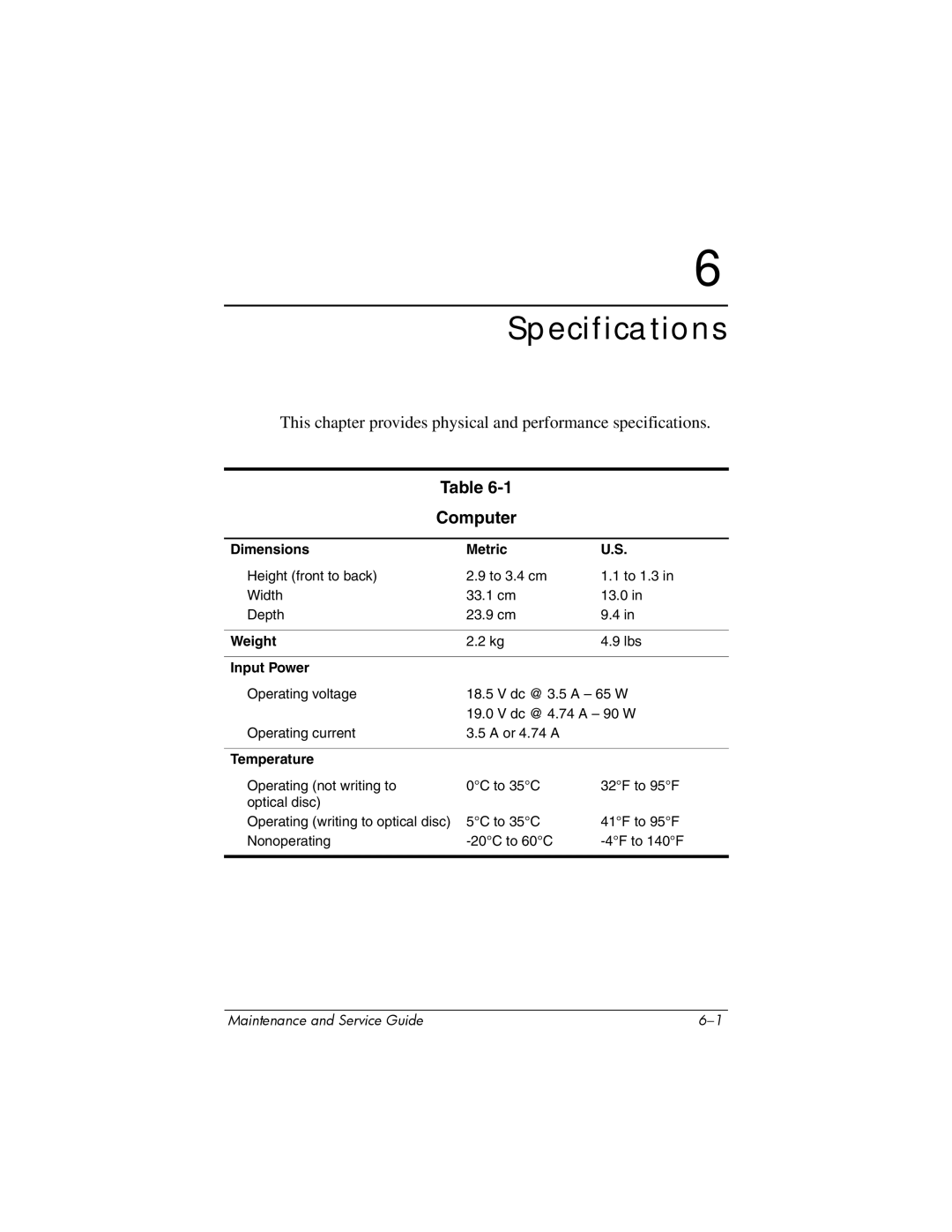 Compaq NC6400 manual Computer, Dimensions Metric, Weight, Input Power, Temperature 