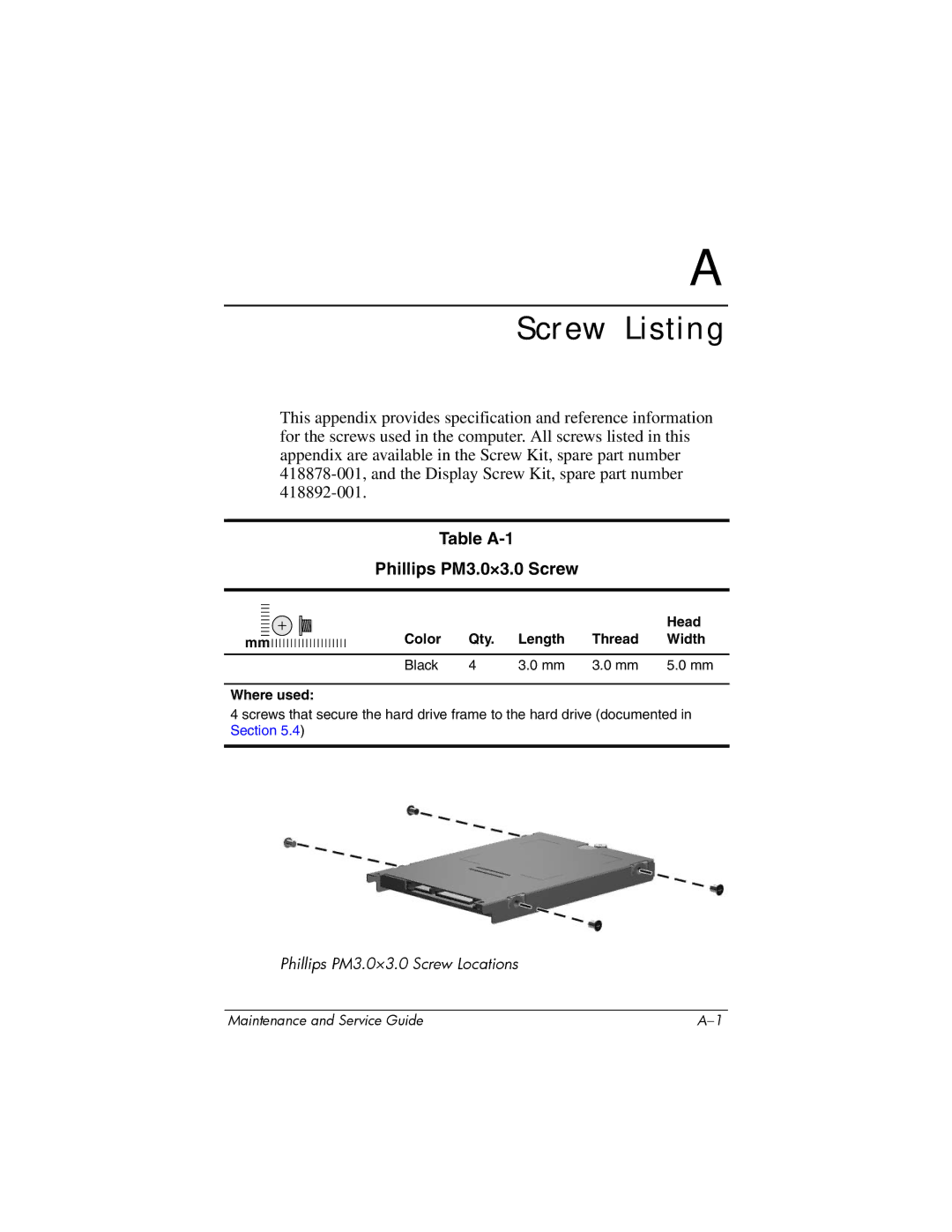 Compaq NC6400 manual Table A-1 Phillips PM3.0×3.0 Screw, Head, Color Qty Length Thread Width Black Where used 