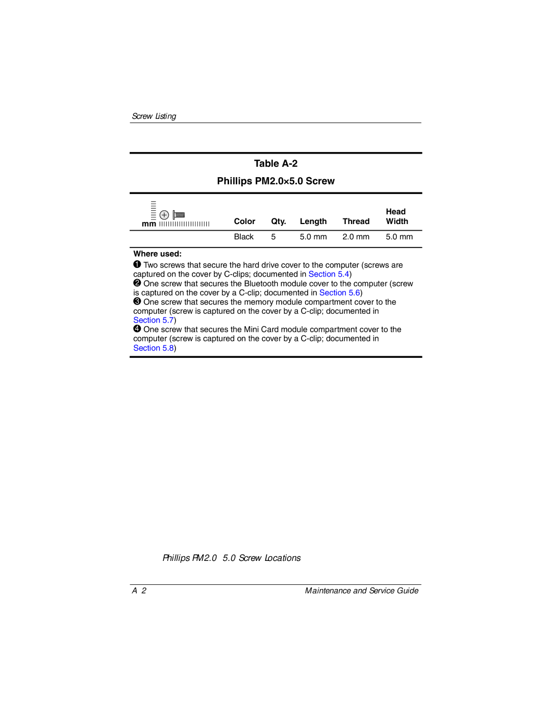 Compaq NC6400 manual Table A-2 Phillips PM2.0×5.0 Screw, Section 