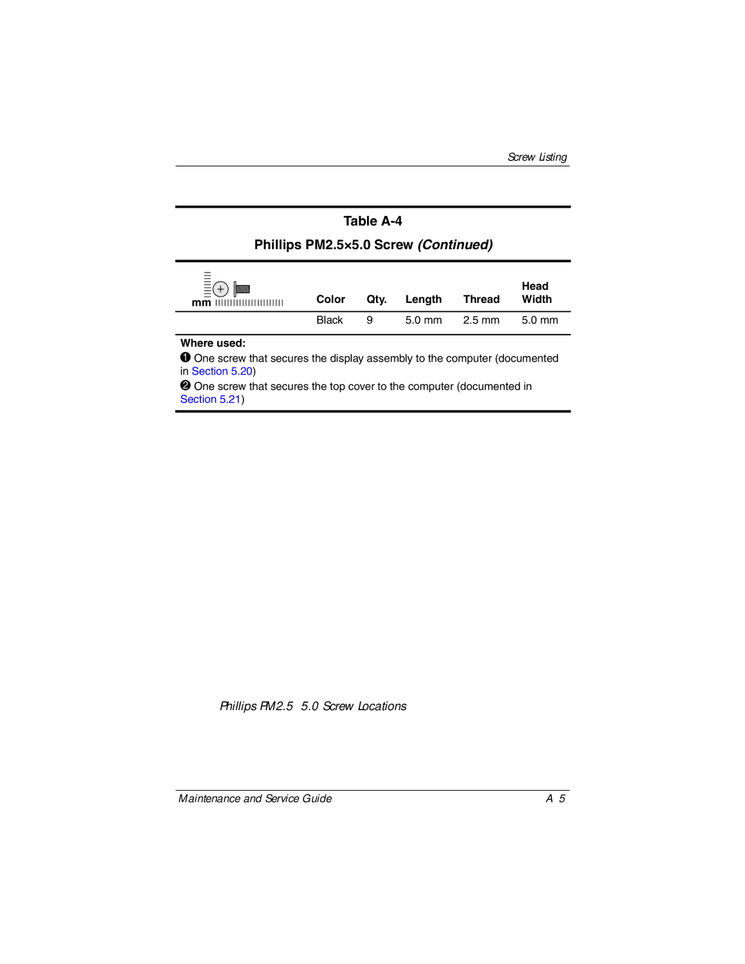 Compaq NC6400 manual Phillips PM2.5×5.0 Screw Locations 